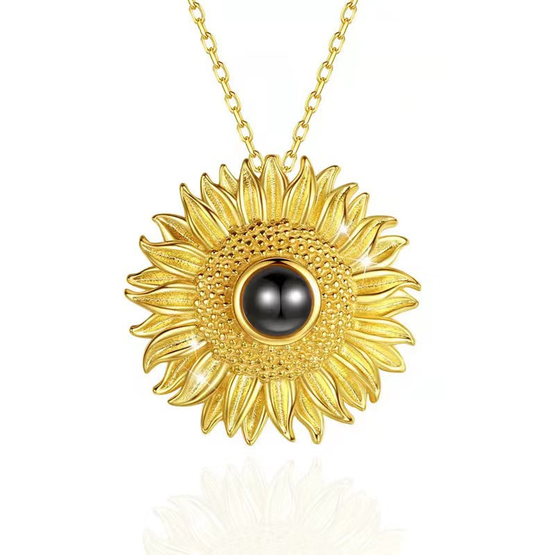 Sunflower Projection Necklace – Custom photo pendant with "I Love You" in 100 languages. Perfect gift.