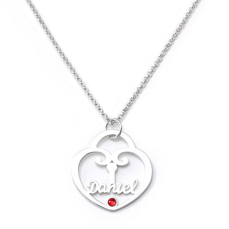 Geometric silver necklace with customizable English name and birthday stone pendant, perfect for wholesale.