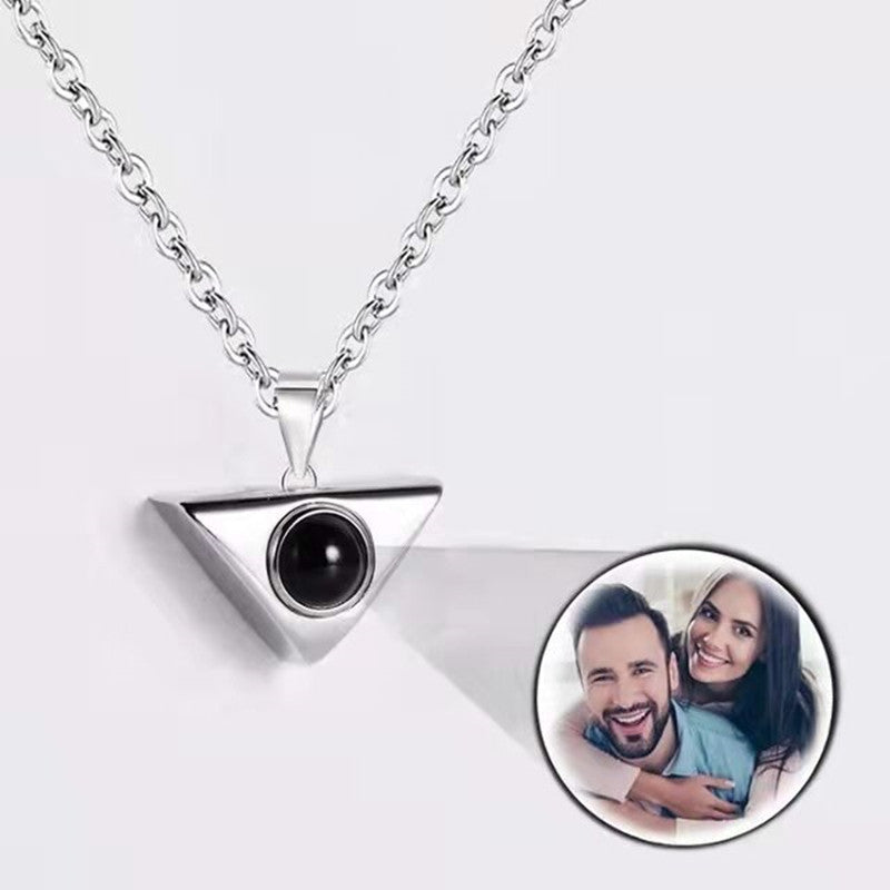 100 Languages "I Love You" Necklace with custom photo and text projection.