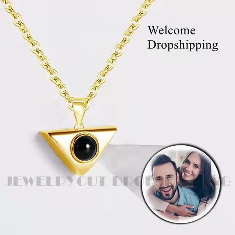 100 Languages "I Love You" Necklace with custom photo and text projection.