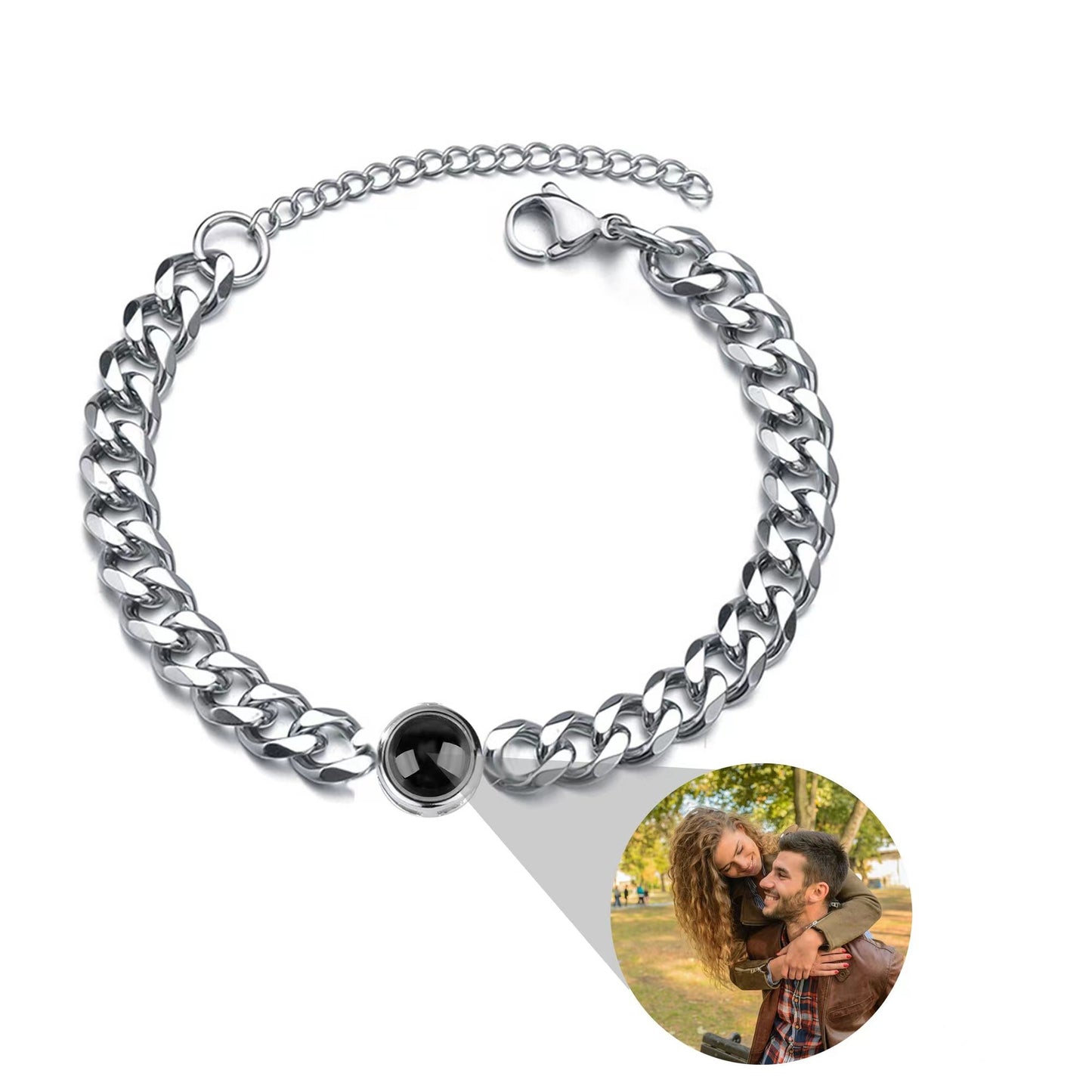 Custom couple's projection bracelet with text and photo. Made of titanium steel, perfect for Valentine's or birthday gifts.