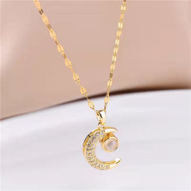 "I Love You" Moon Necklace – 100 Languages Projection, Titanium Steel, Minimalist Luxury Design