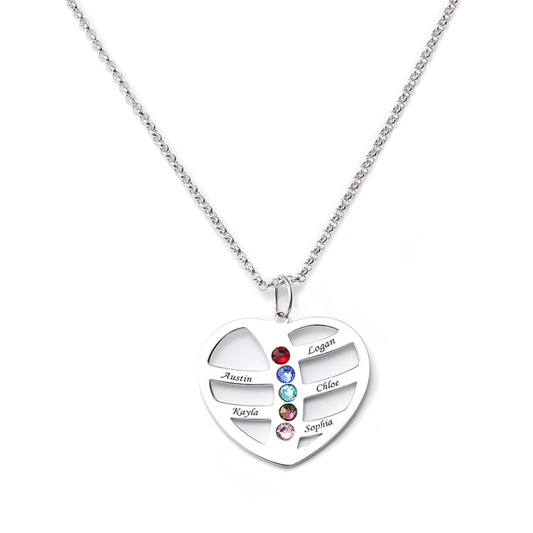 Geometric heart birthstone necklace, silver collarbone jewelry, custom lettering, wholesale.