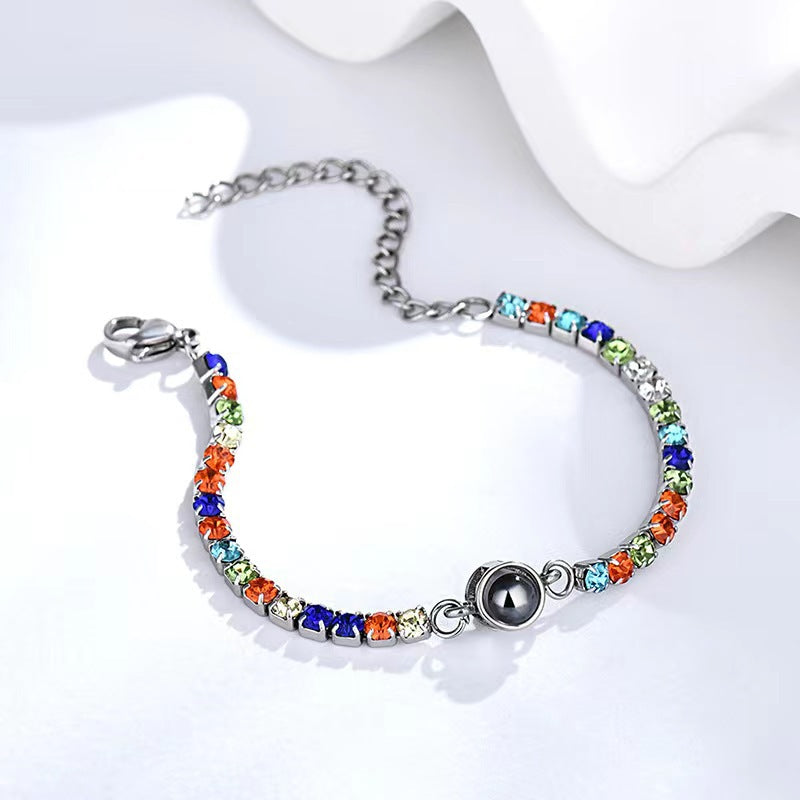 Titanium steel "I love you" projection bracelet with zircon chain, 100 languages, color-resistant, Christmas gift.