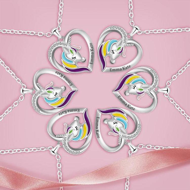 Factory direct sale of fashion unicorn necklaces with custom engraved peach heart pendants. Perfect for personalized jewelry lovers.