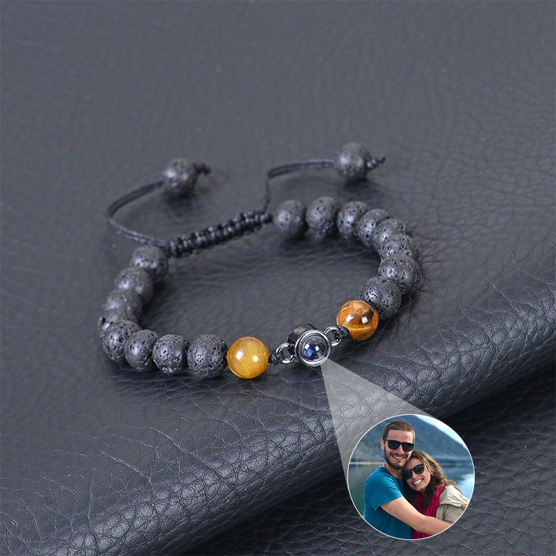 Hot-selling photo projection bracelet with 8mm volcanic stone, customizable braided design, and DIY photo personalization.