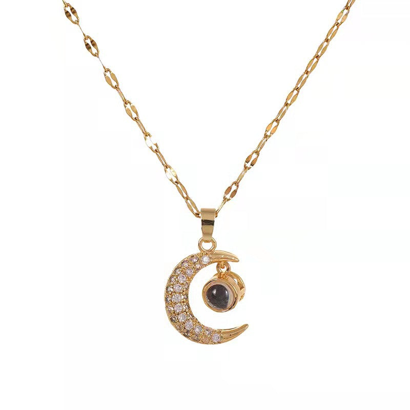 "I Love You" Moon Necklace – 100 Languages Projection, Titanium Steel, Minimalist Luxury Design