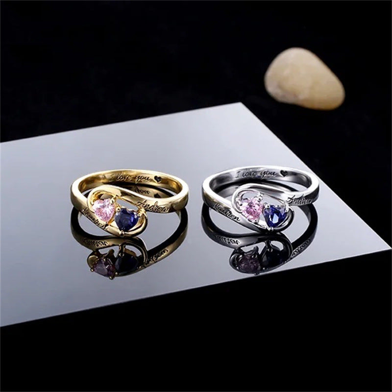 Classic inlaid with two heart-shaped zircon lettering 925 silver ring holiday gift