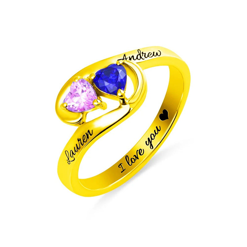 Classic inlaid with two heart-shaped zircon lettering 925 silver ring holiday gift