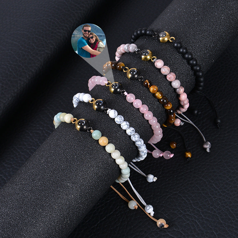 Custom 6mm Tiger Eye Photo Projection Bracelet with natural stones. Personalize with your image for a unique, dual-tone accessory. Great for gifts.