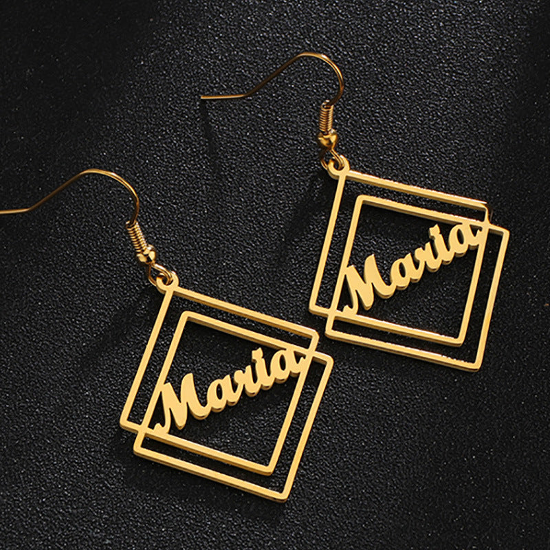 Personalized titanium steel earrings, creative geometric hollow square design with custom name. Simple and elegant.