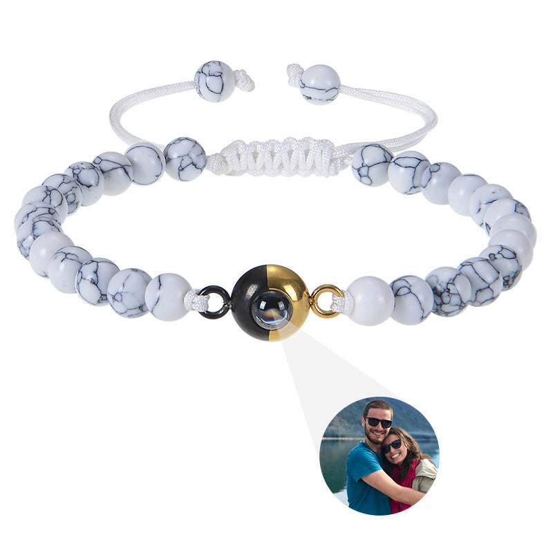 Custom 6mm Tiger Eye Photo Projection Bracelet with natural stones. Personalize with your image for a unique, dual-tone accessory. Great for gifts.