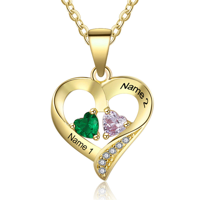 Popular Personalized Name Engraved S925 Silver Heart Pendant Necklace with Two Birthstones – Style