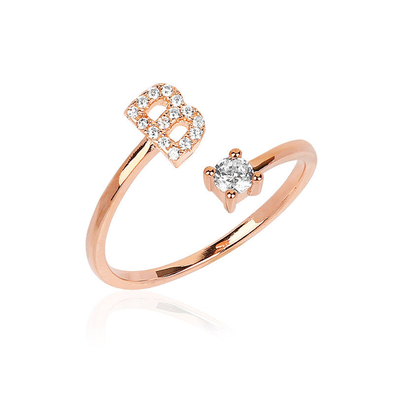 Explosive 26 capital initial letters inlaid round zircon opening adjustable ring