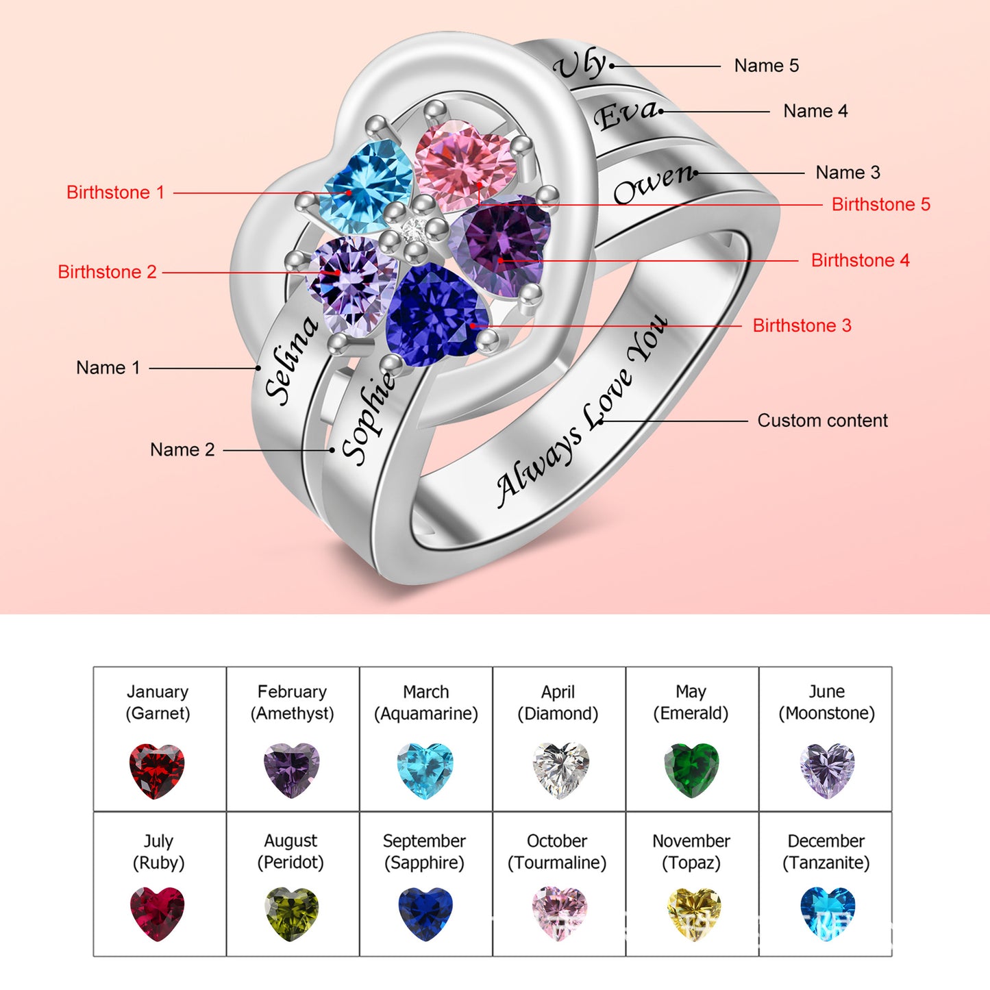 Hot-selling S925 birthstone engraving ring name content birthday gift for girlfriend