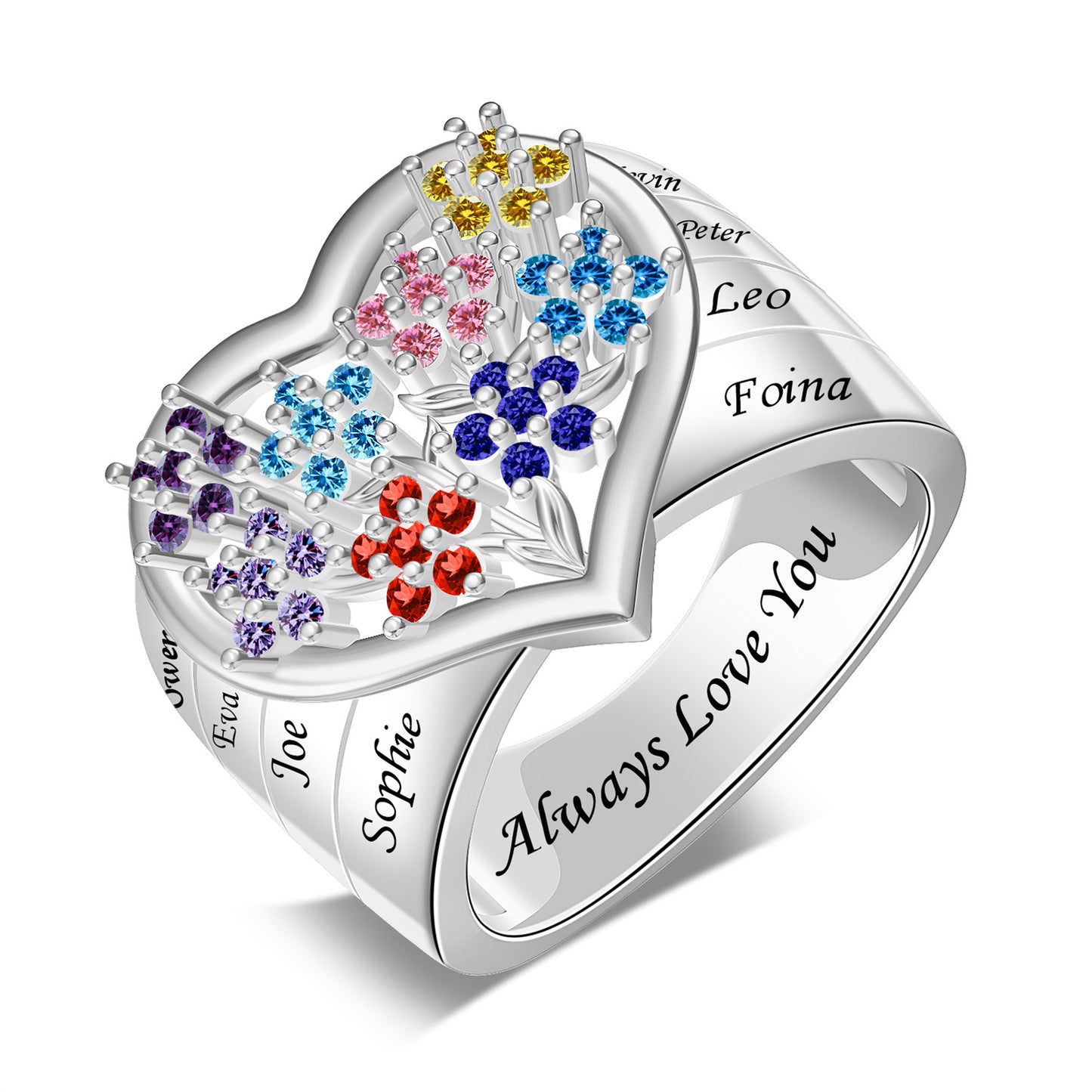 S925 Sterling Silver 1-8 Name 12 Birthstone Custom Engraved Ring Birthday Gift