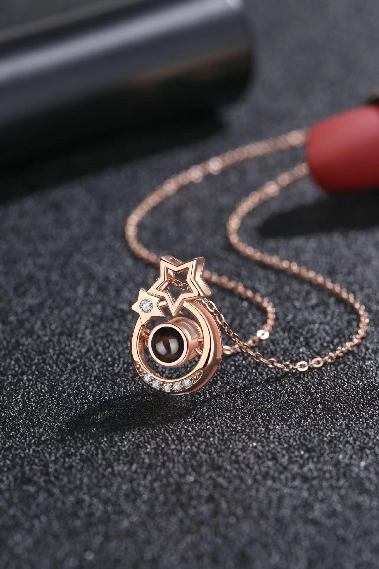 "I Love You" Necklace in 100 Languages with Nano Projection, Custom Photo, Text, Star & Moon Pendant.
