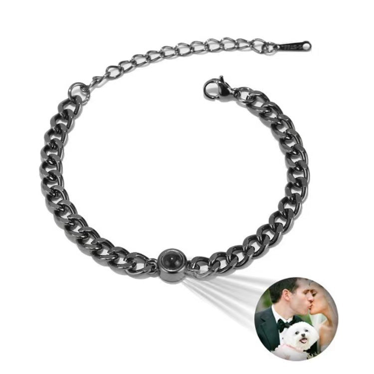Custom couple's projection bracelet with text and photo. Made of titanium steel, perfect for Valentine's or birthday gifts.