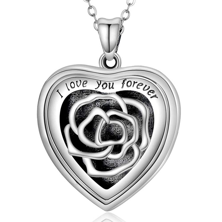 925 silver vintage heart pendant with rose pattern, customizable photo and text engraving, perfect commemorative necklace.