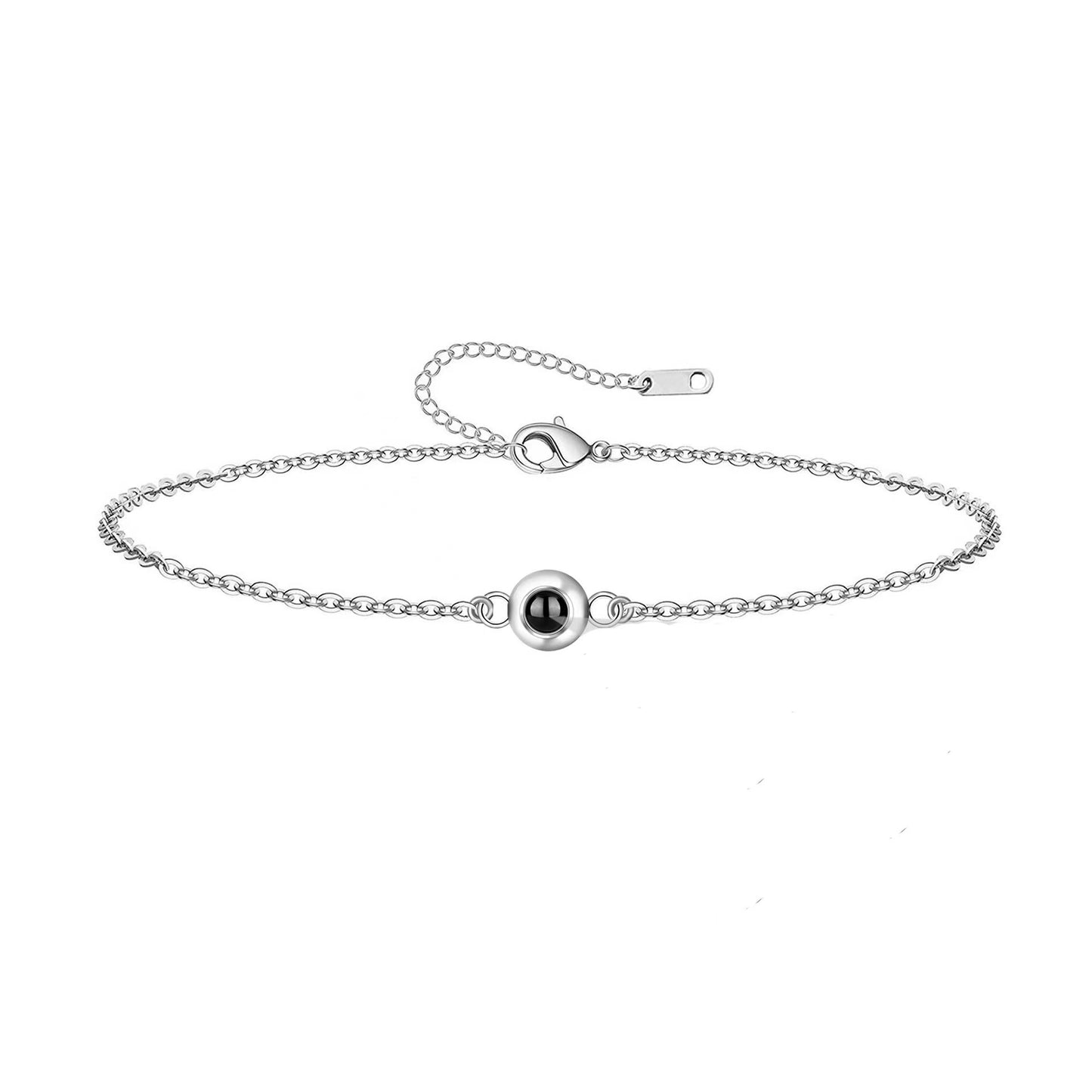 Nano projection stone bracelet featuring "I love you" in 100 languages, customizable with photo engraving.