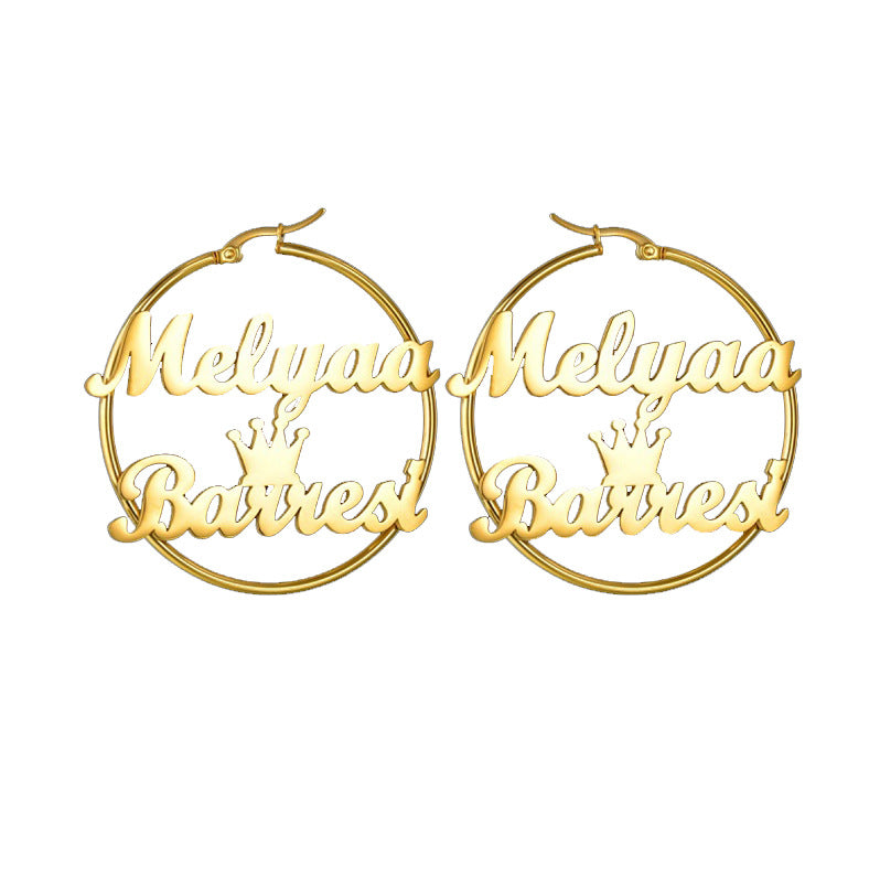 Stainless steel name earrings, bold and trendy, made of durable titanium steel that won't fade. Perfect large hoops for women.