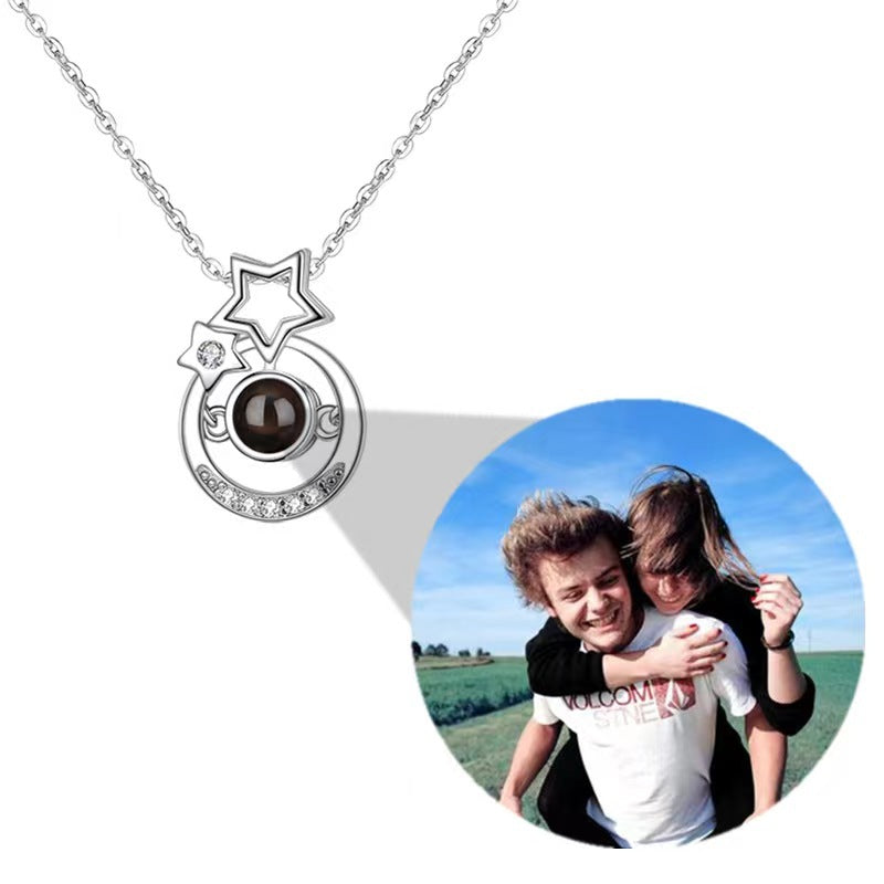 "I Love You" Necklace in 100 Languages with Nano Projection, Custom Photo, Text, Star & Moon Pendant.