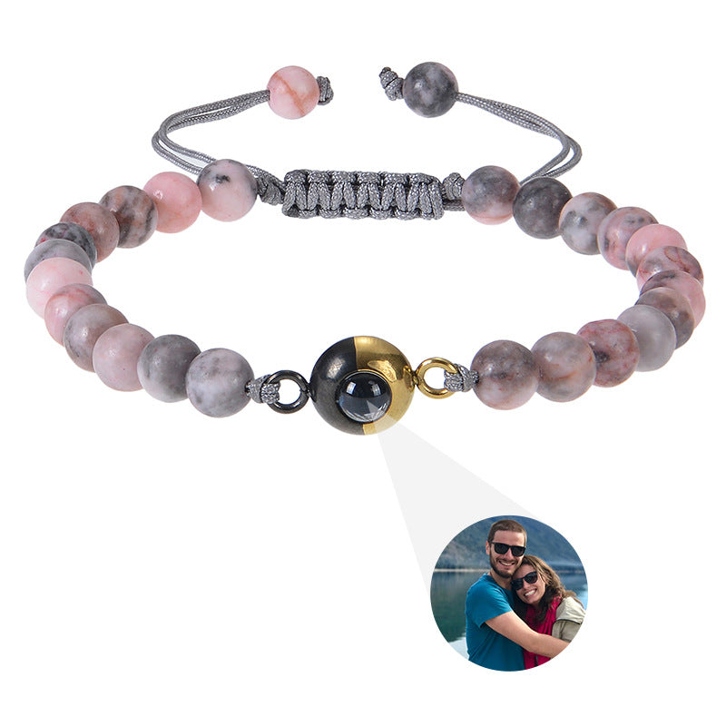 Custom 6mm Tiger Eye Photo Projection Bracelet with natural stones. Personalize with your image for a unique, dual-tone accessory. Great for gifts.