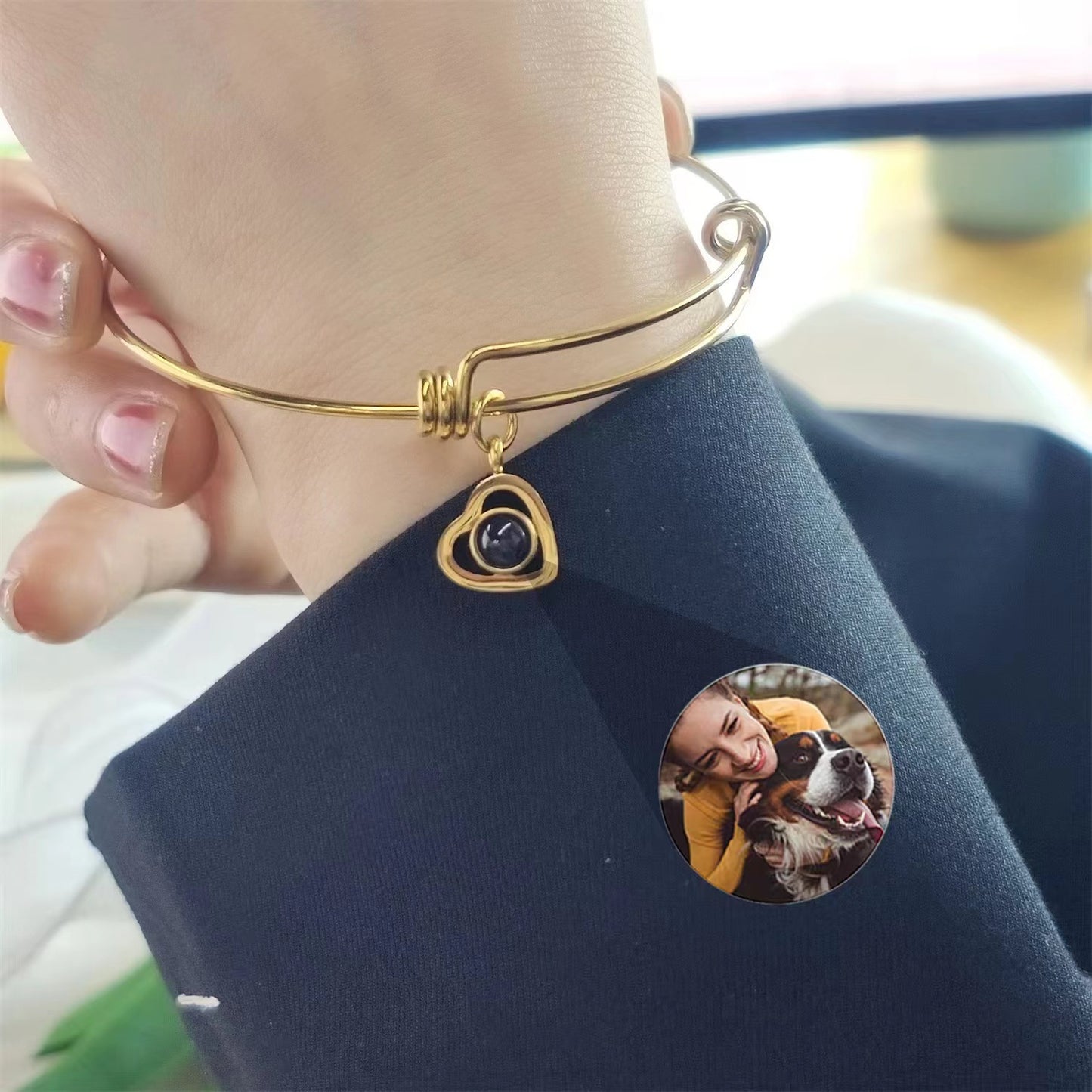 New adjustable stainless steel bangle with custom photo and text, perfect for Christmas gifts.