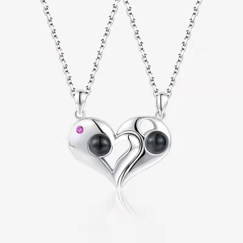 "Titanium Steel Couple Necklace, Custom Photo & 100 Language 'I Love You' Projection, His & Hers Pendant, Choker."