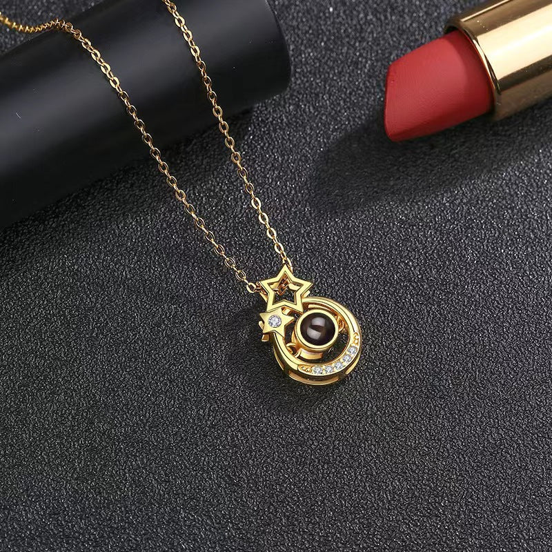 "I Love You" Necklace in 100 Languages with Nano Projection, Custom Photo, Text, Star & Moon Pendant.