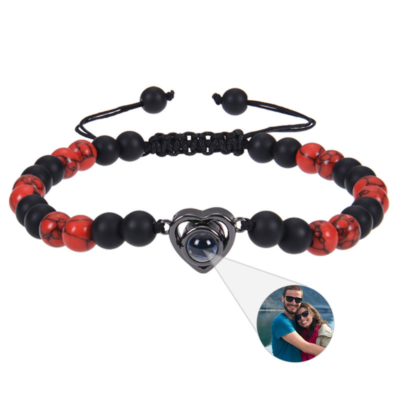 6mm black magnetic stone custom photo bracelet with matte finish and heart pendant projection.