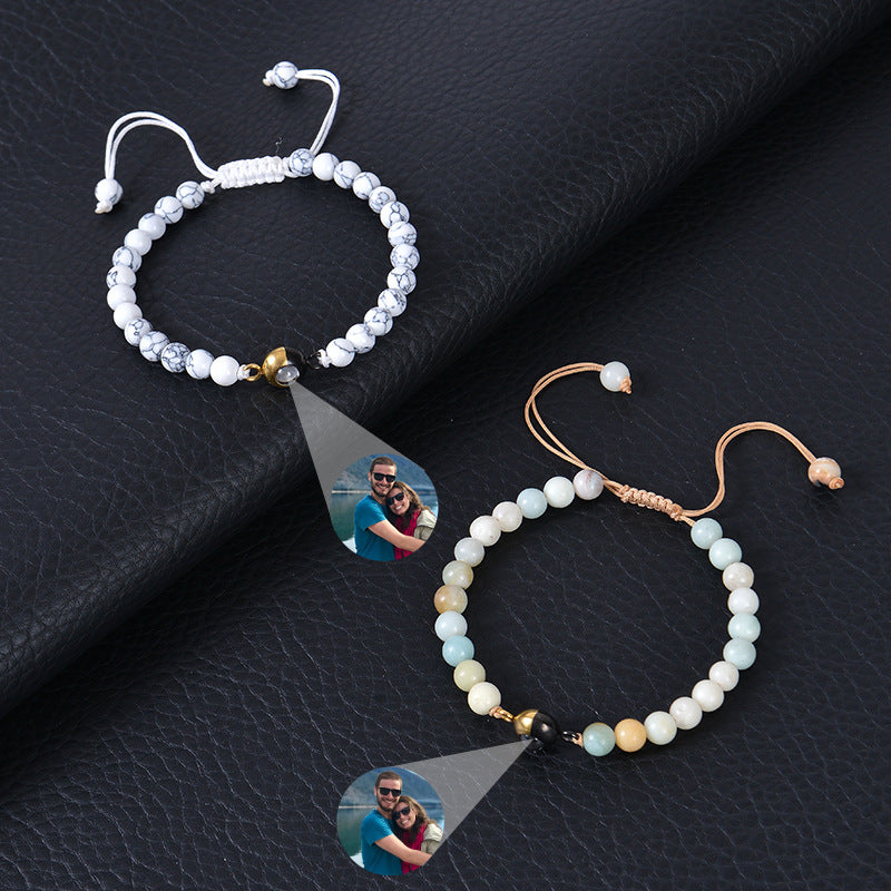 Custom 6mm Tiger Eye Photo Projection Bracelet with natural stones. Personalize with your image for a unique, dual-tone accessory. Great for gifts.