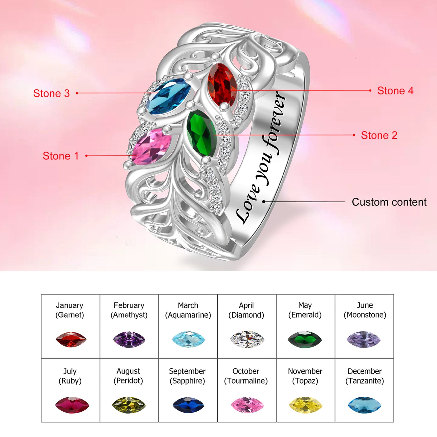 Marquise 12 birthstone name ring, custom engraving available. Perfect birthday gift
