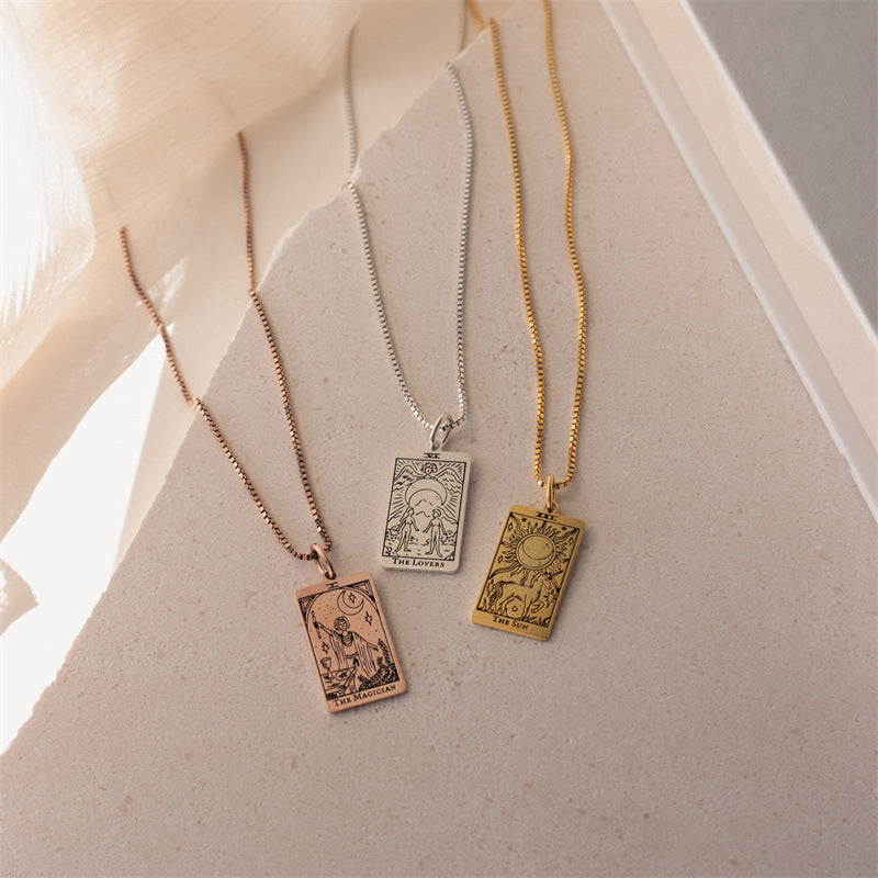 New European and American Jewelry: Engraved Tarot Card Pendant Necklace with Exquisite Square Tarot Design—Perfect Gift for Friends.