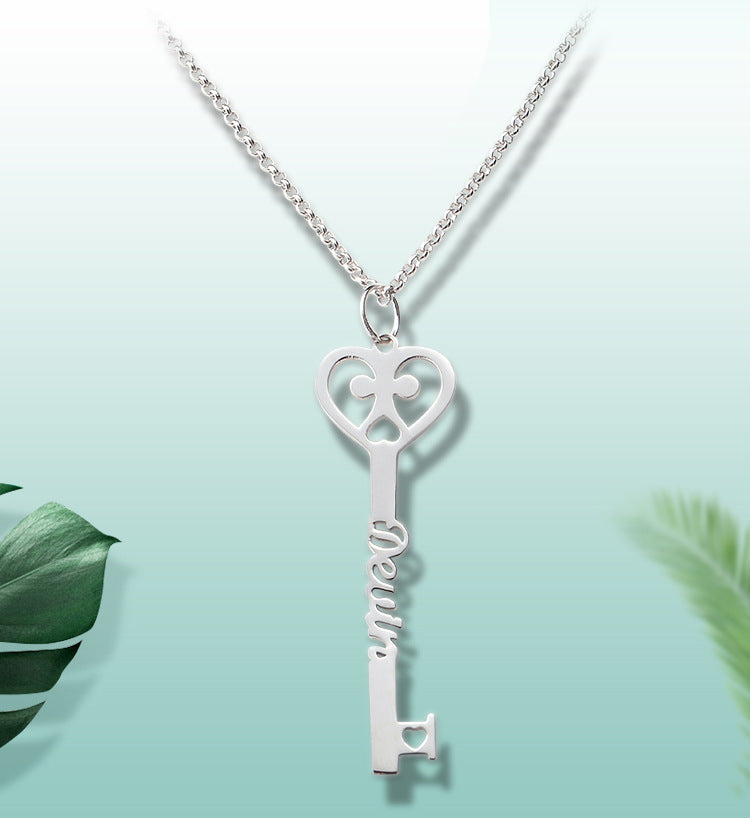 Custom name letter key necklace pendant in silver. Fashionable personalized design, ideal for wholesale from the manufacturer.