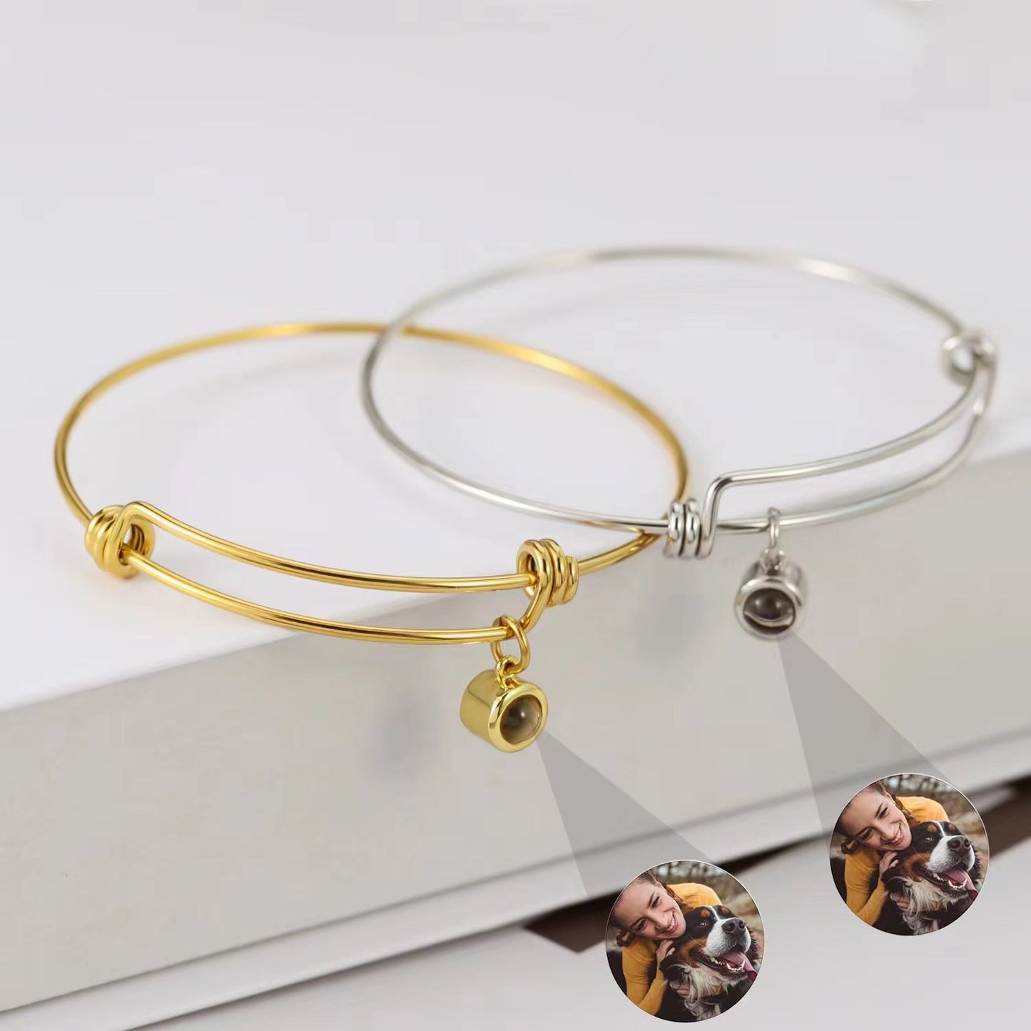 New adjustable stainless steel bangle with custom photo projection. Personalized titanium bracelet.