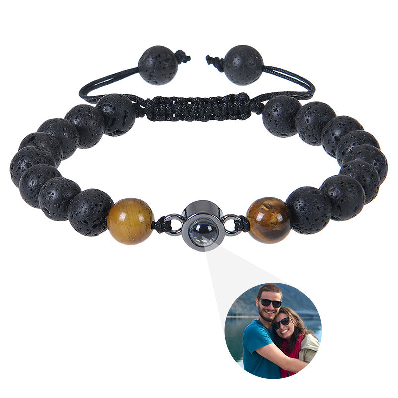 Hot-selling photo projection bracelet with 8mm volcanic stone, customizable braided design, and DIY photo personalization.