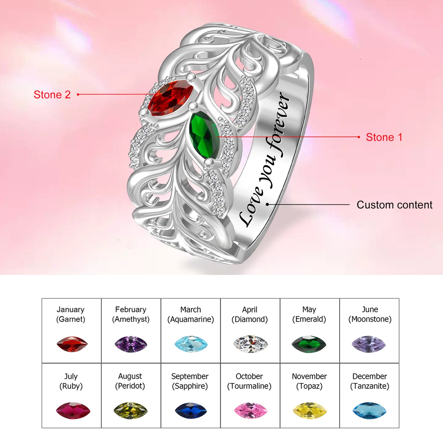 Marquise 12 birthstone name ring, custom engraving available. Perfect birthday gift