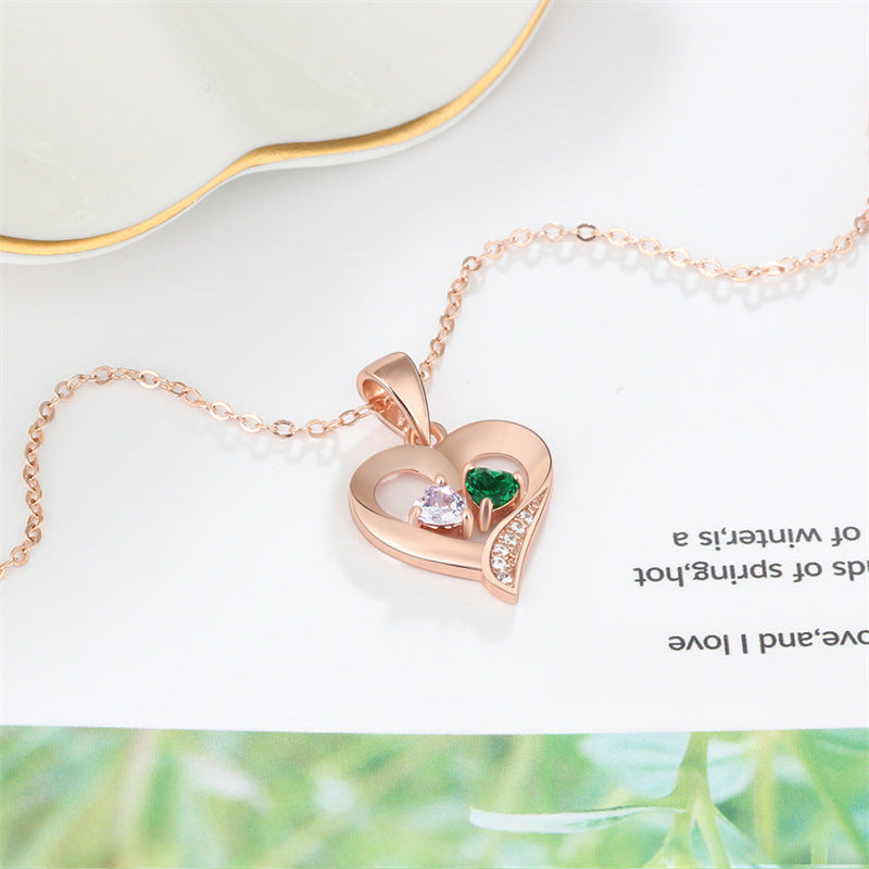 Popular Personalized Name Engraved S925 Silver Heart Pendant Necklace with Two Birthstones – Style