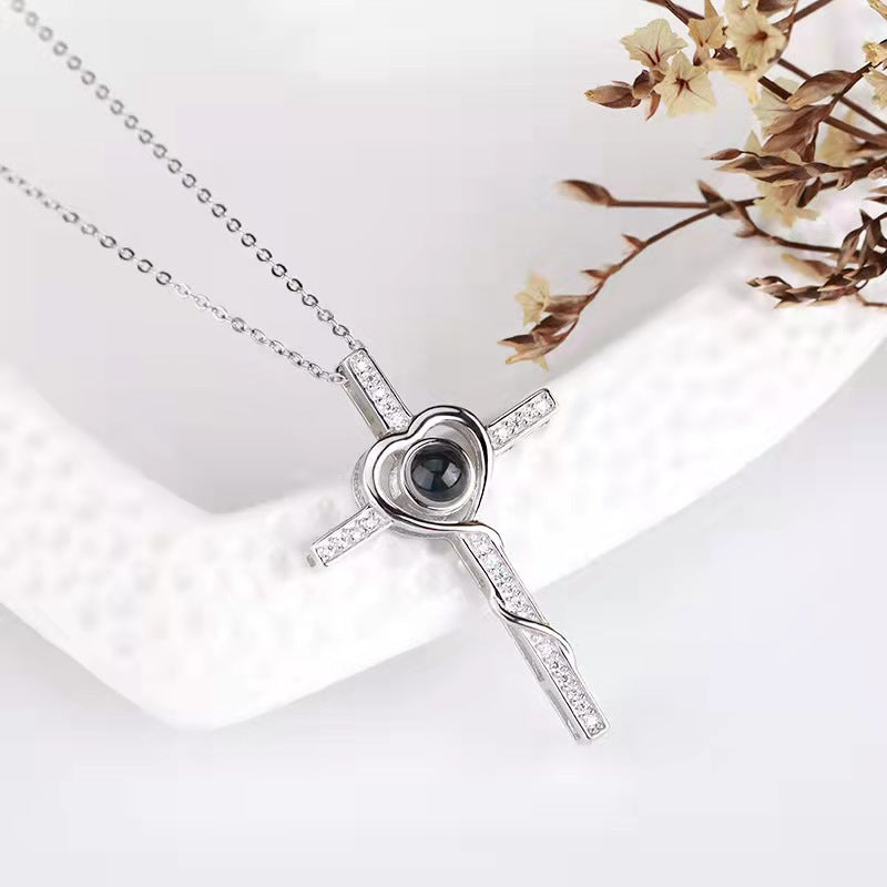 "Custom Cross Projection Necklace – Displays 'I Love You' in 100 Languages with Personalized Photo, Stylish Korean Design."