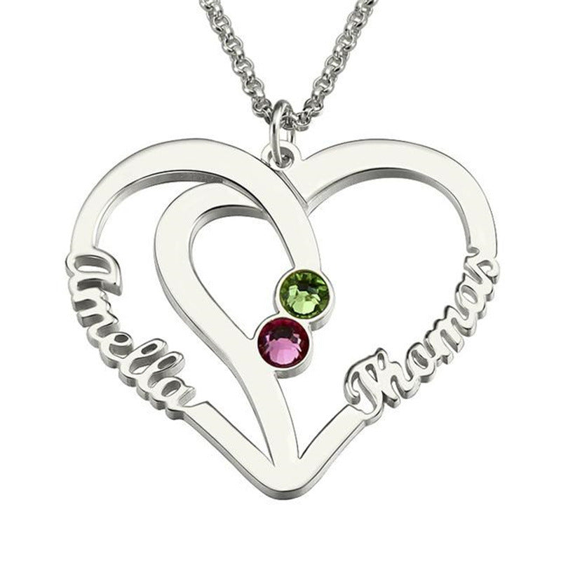 Hot-selling jewelry: intertwined love necklace featuring two names and inlaid birthstones, perfect as a commemorative gift.