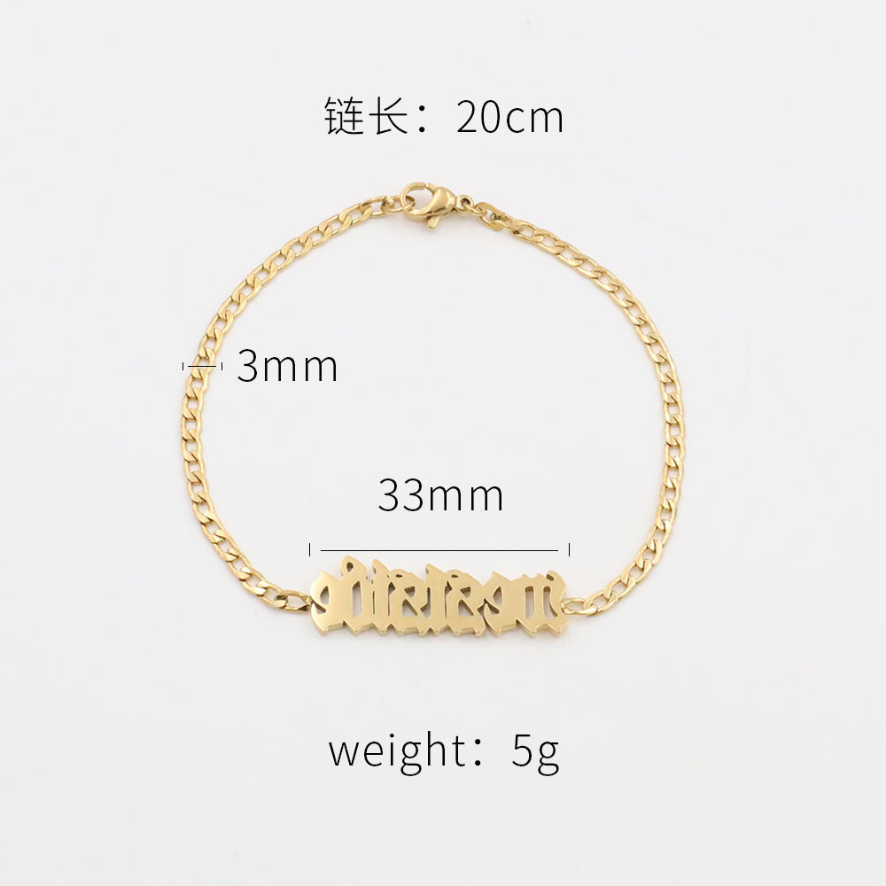 Trendy luxury titanium steel anklet for girls with Gothic-style English letter pendant.
