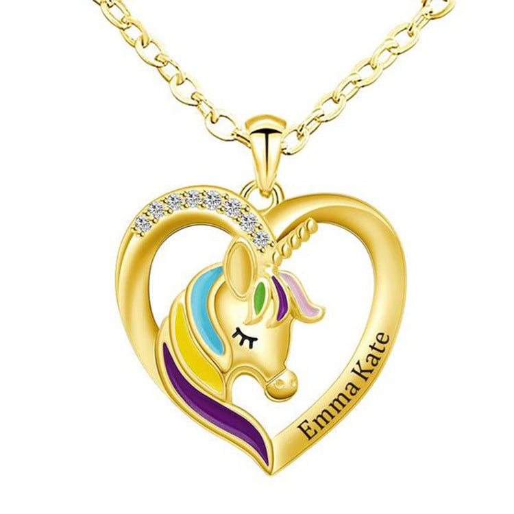 Factory direct sale of fashion unicorn necklaces with custom engraved peach heart pendants. Perfect for personalized jewelry lovers.