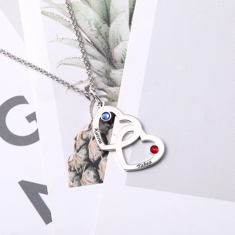 Fashion, Personality Double Heart Geometric Engraving Birthstone Necklace Pendant Clavicle Silver Jewelry