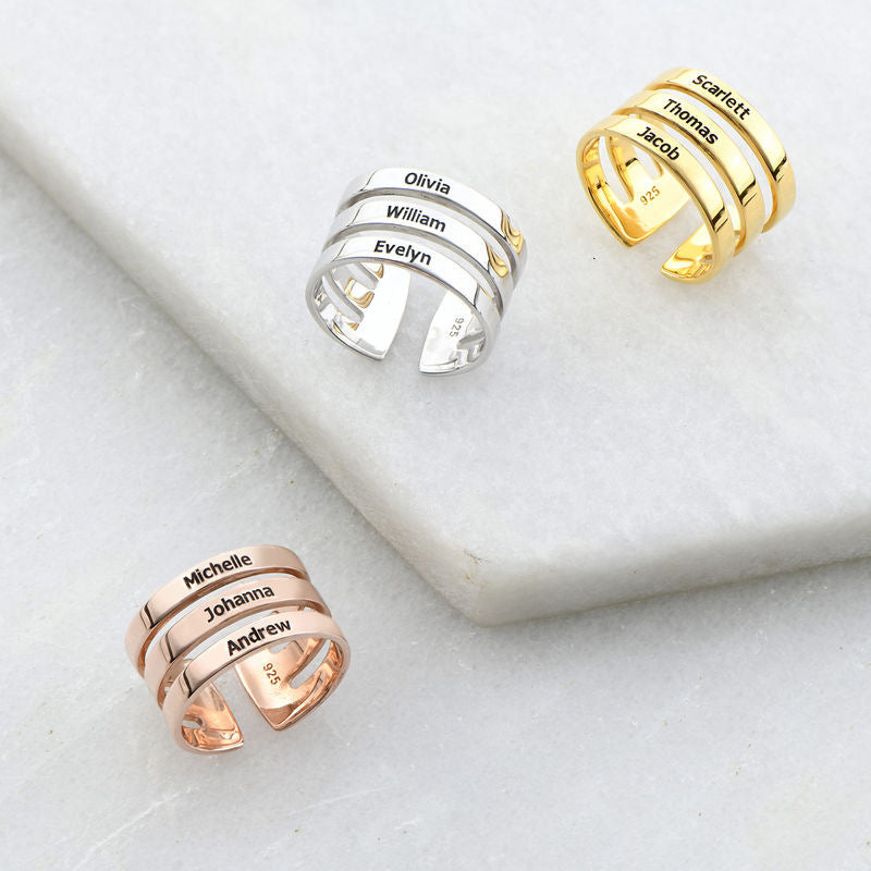 Personalized niche opening adjustable engraving 3 names, three-layer 925 silver ring commemorative gift