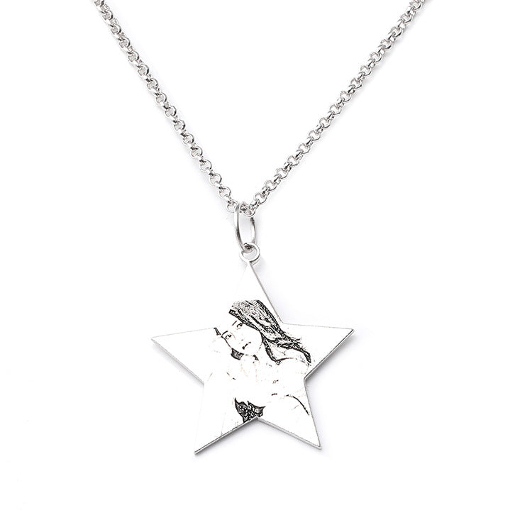 Fashion ins new star-shaped character shadow engraved necklace pendant collarbone silver jewelry