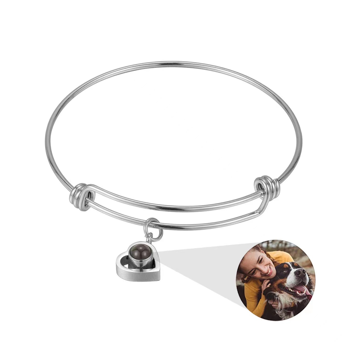 New adjustable stainless steel bangle with custom photo and text, perfect for Christmas gifts.