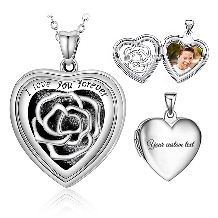 925 silver vintage heart pendant with rose pattern, customizable photo and text engraving, perfect commemorative necklace.