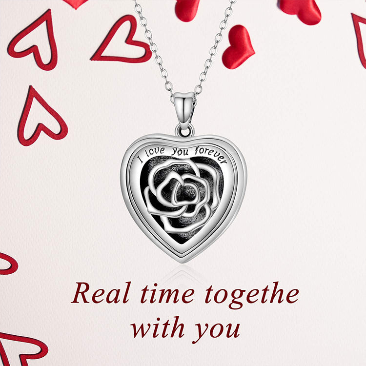 925 silver vintage heart pendant with rose pattern, customizable photo and text engraving, perfect commemorative necklace.