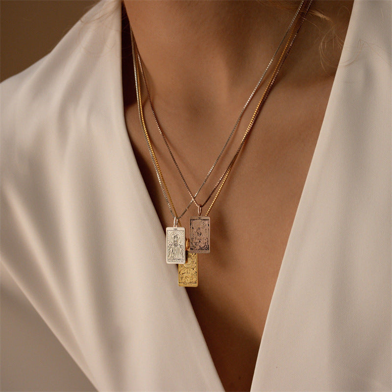 New European and American Jewelry: Engraved Tarot Card Pendant Necklace with Exquisite Square Tarot Design—Perfect Gift for Friends.